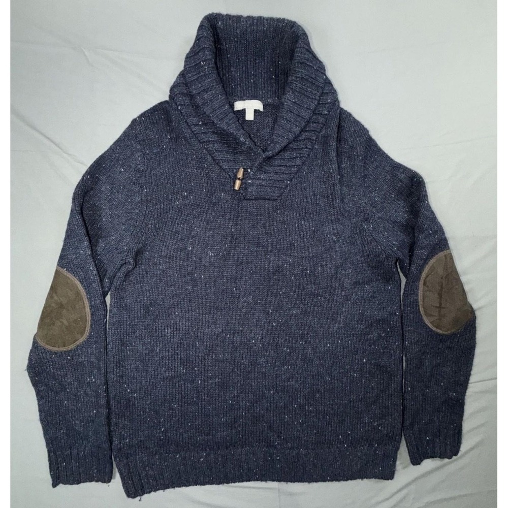 Grayson & Dunn Sweater Mens Large Blue Shawl Collar Elbow Patch Knit Pullover